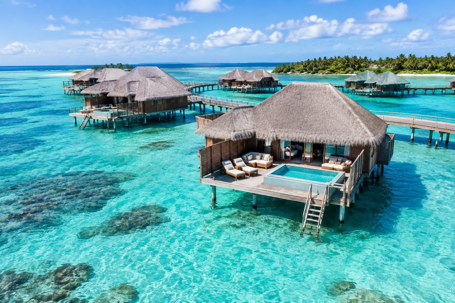 Overwater bungalows connected by a wooden walkway above clear turquoise Bahamian water.