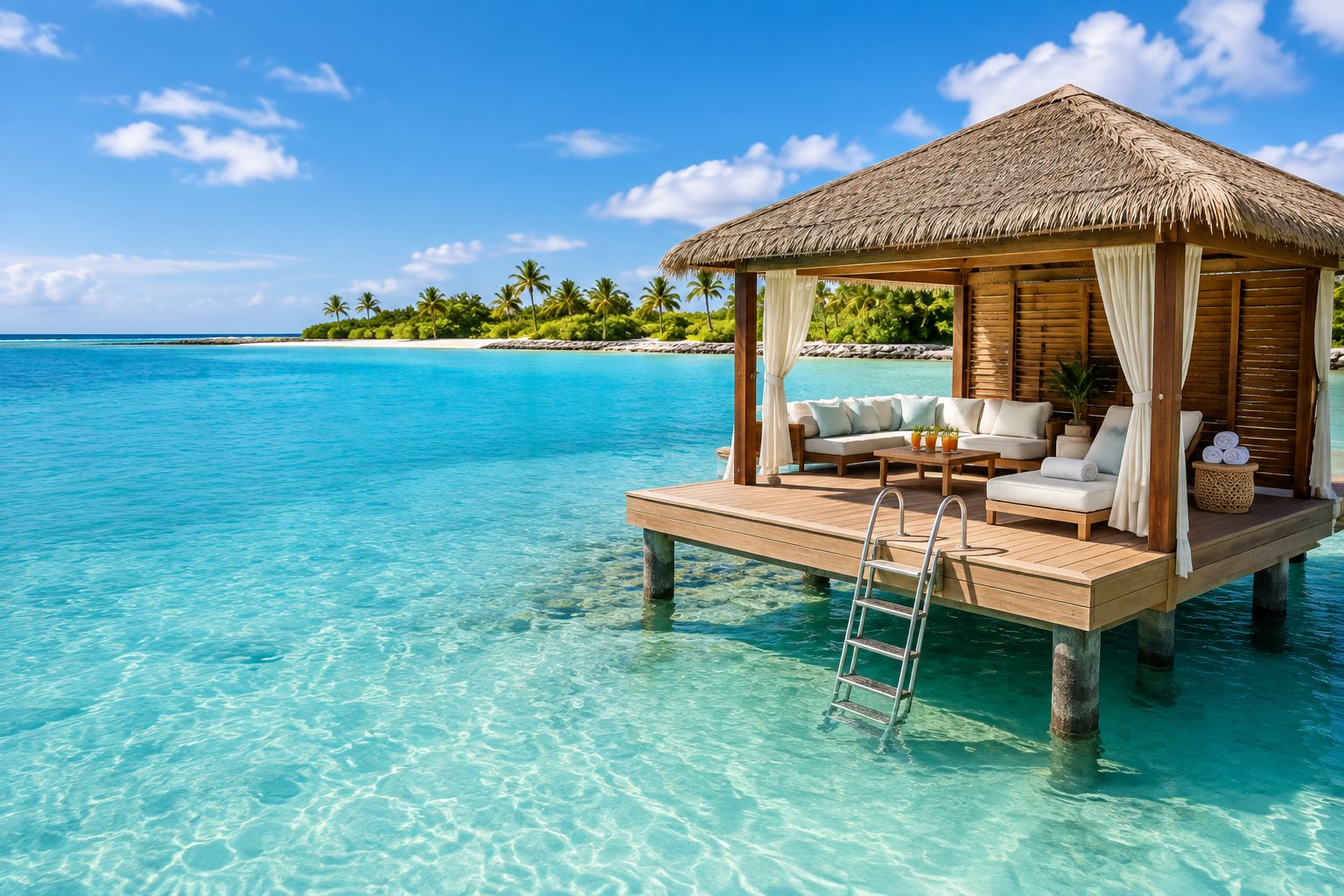 A private overwater cabana surrounded by clear turquoise water in the Bahamas.