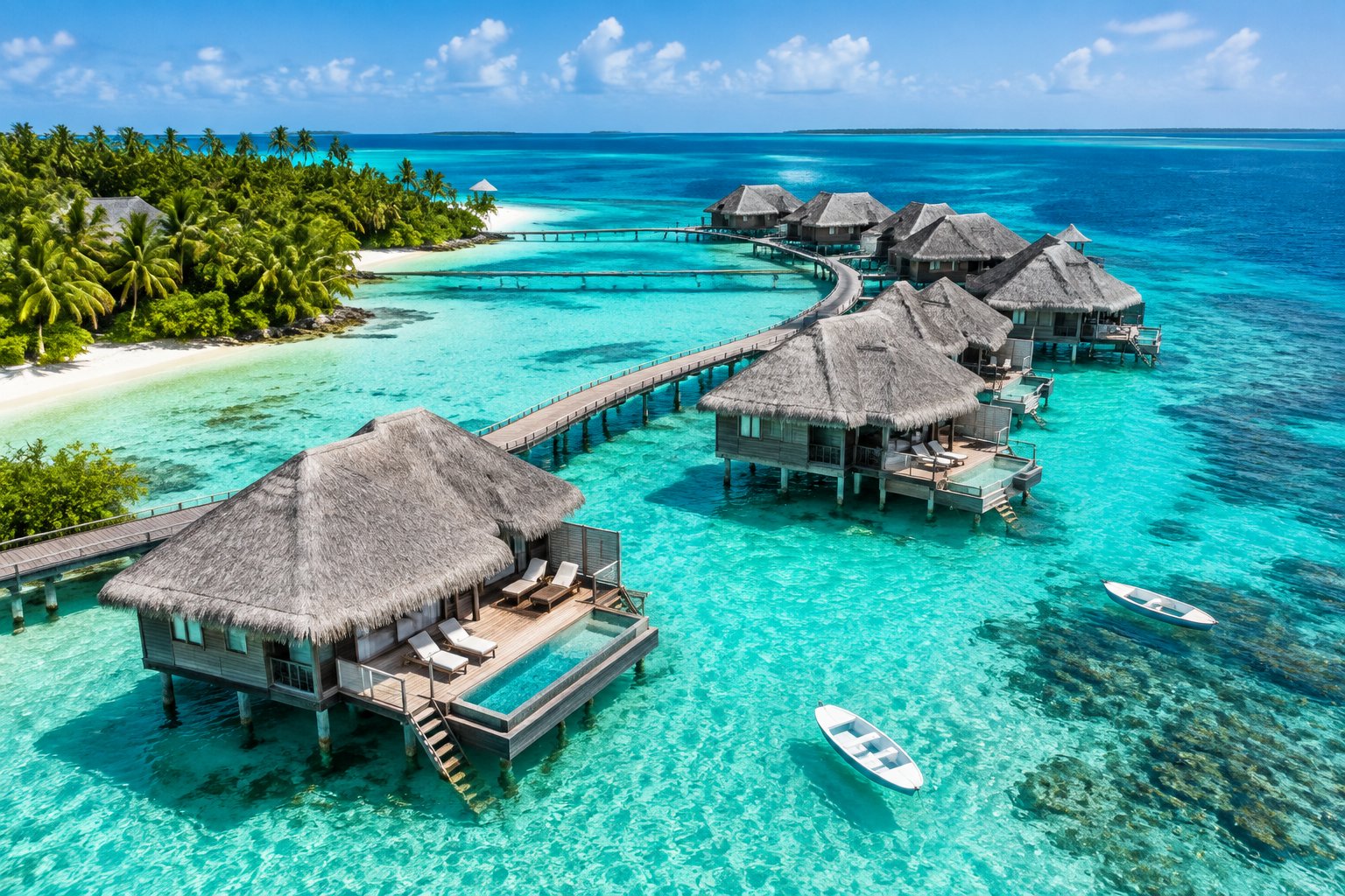 Overwater bungalows connected by a wooden boardwalk above clear turquoise Caribbean water.