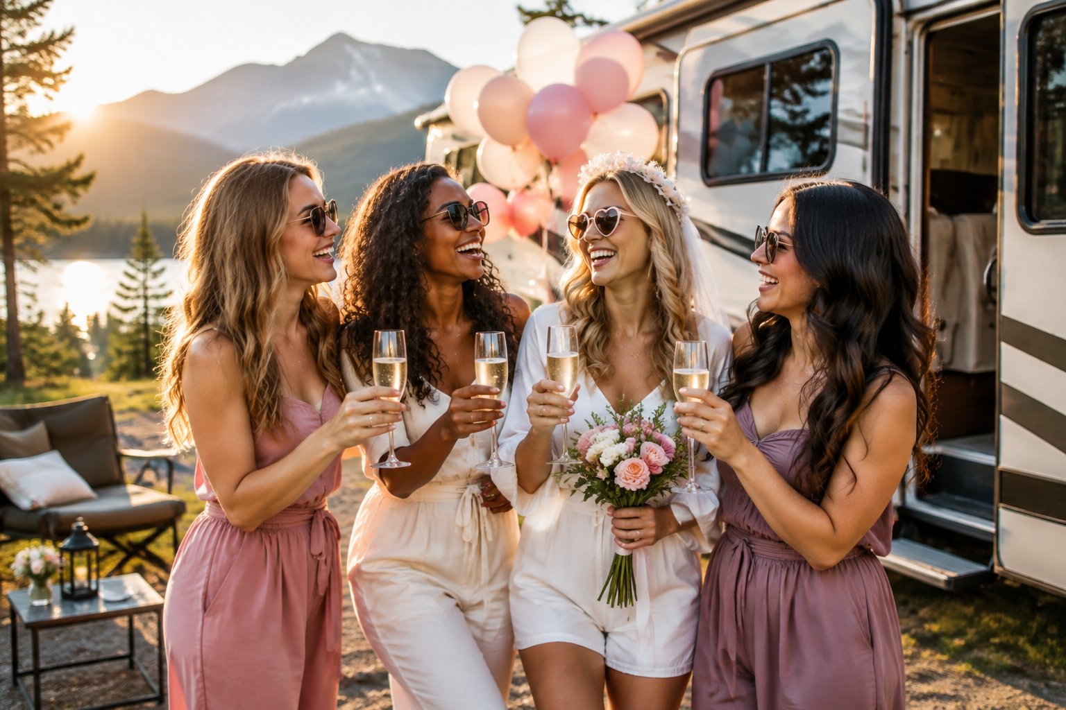 A group of women celebrating beside a luxury RV at a scenic lakeside campsite.