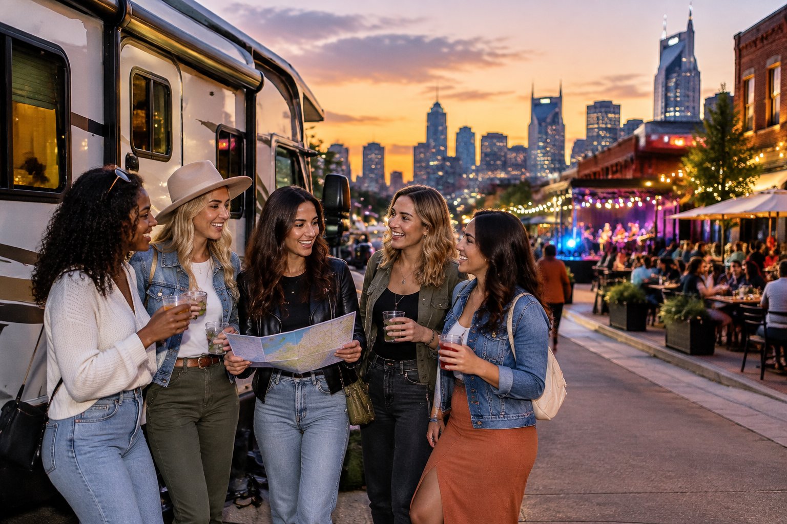 A group of friends celebrates beside an RV near a lively city district with restaurants, music venues, and evening lights.