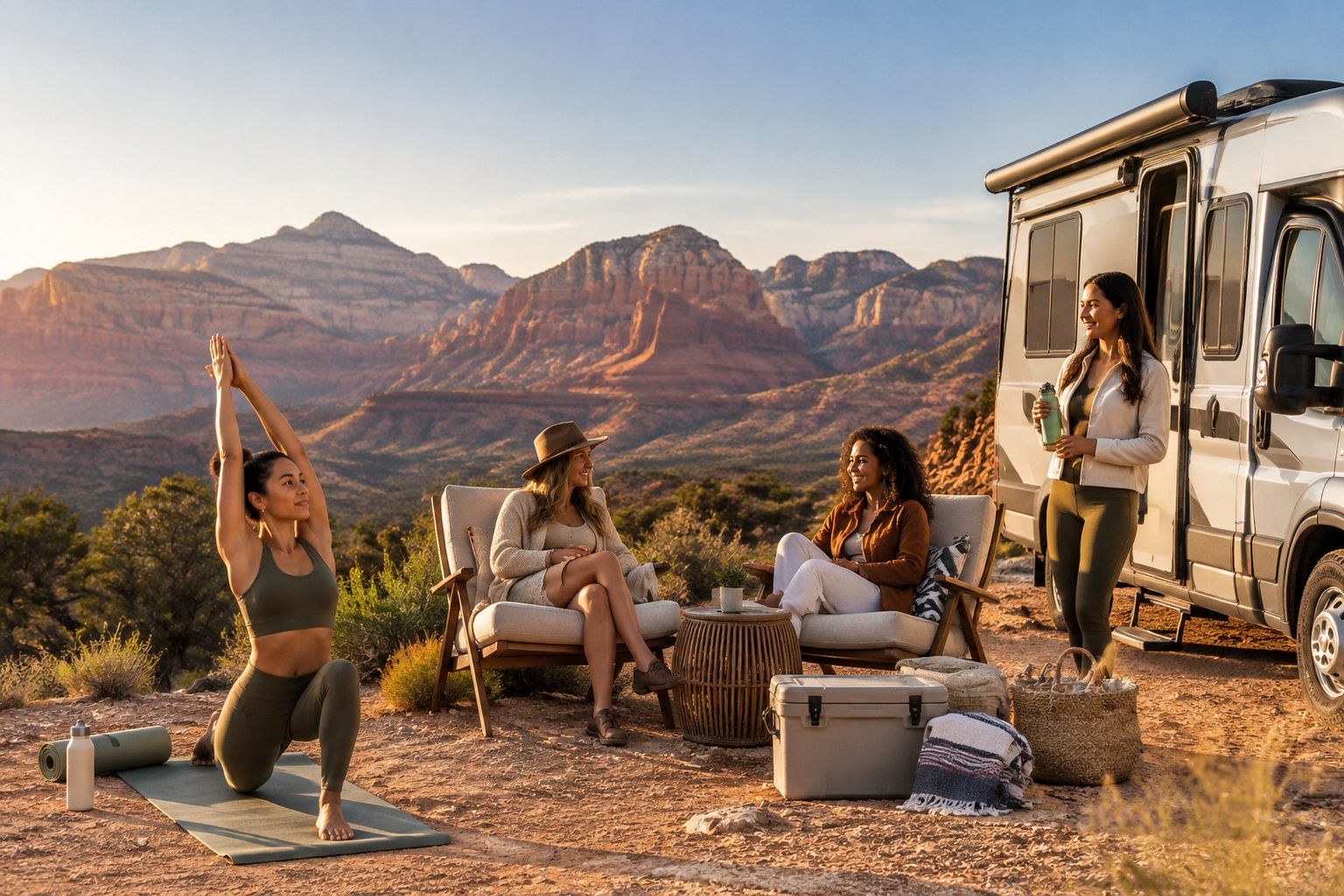 Friends relax beside an RV in a desert mountain landscape during a wellness getaway.