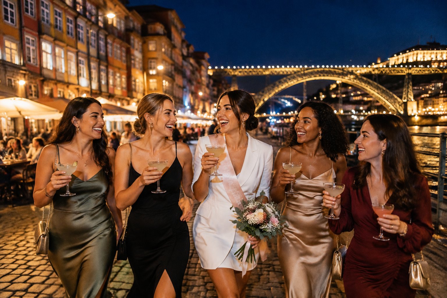 A group of women celebrating together on a lively evening beside Porto’s historic riverside with the illuminated Dom Luís I Bridge behind them.