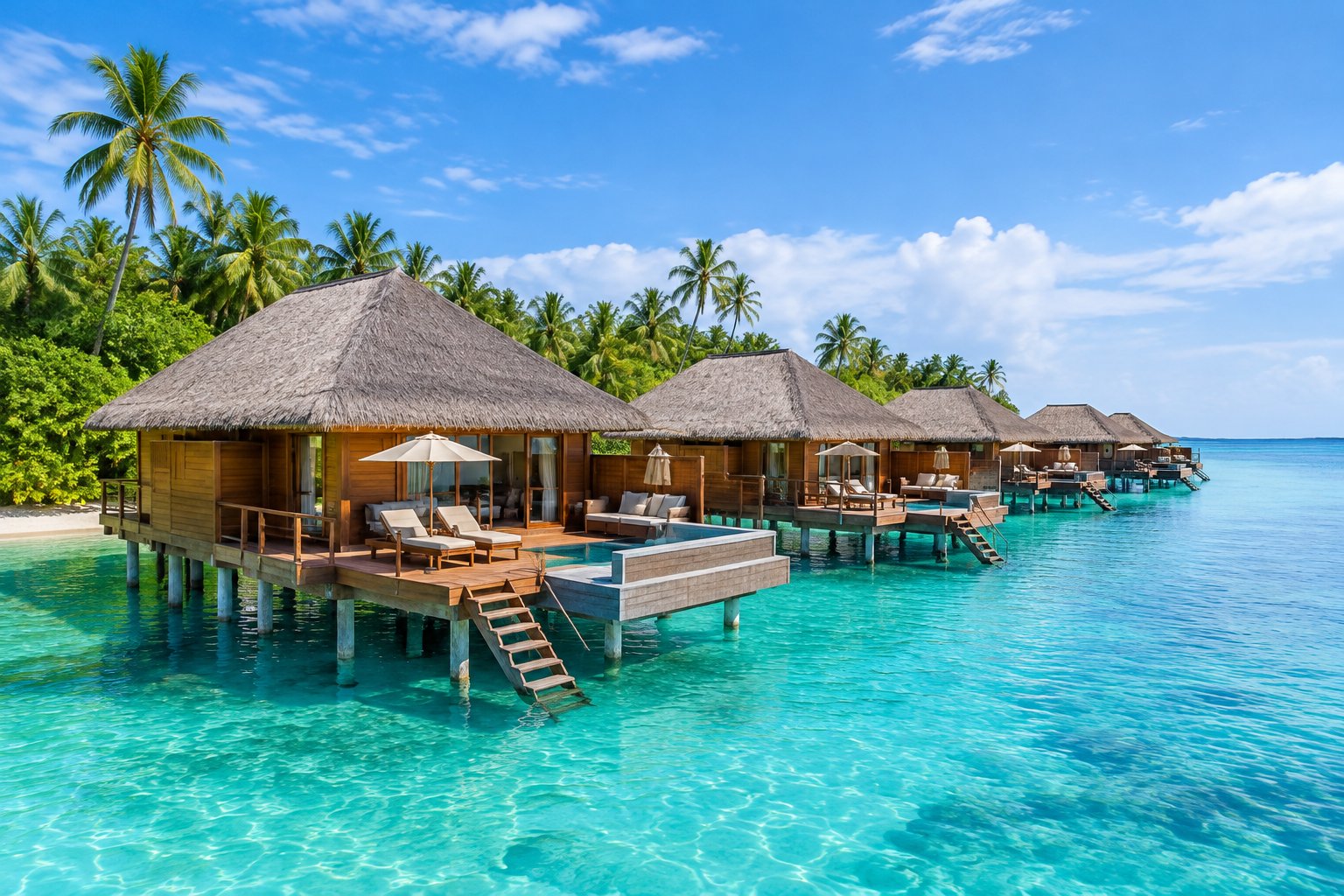 Luxury overwater bungalows extend across a clear turquoise lagoon beside a lush tropical shoreline in Bali.