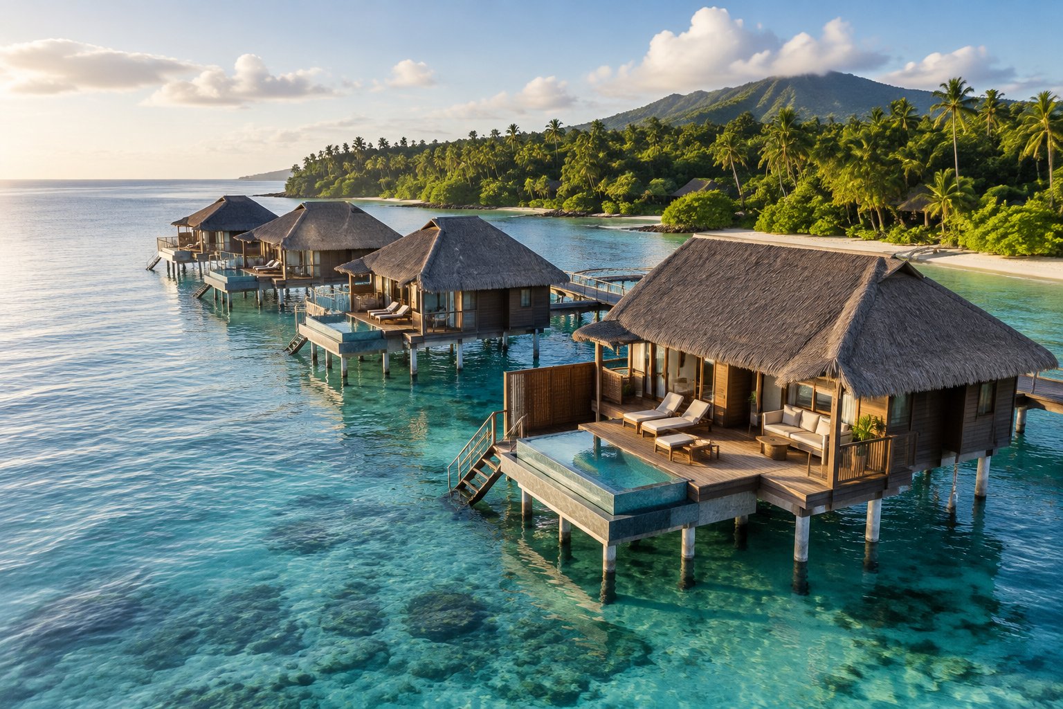 Luxury overwater villas extend from a lush tropical shoreline over clear blue ocean water.