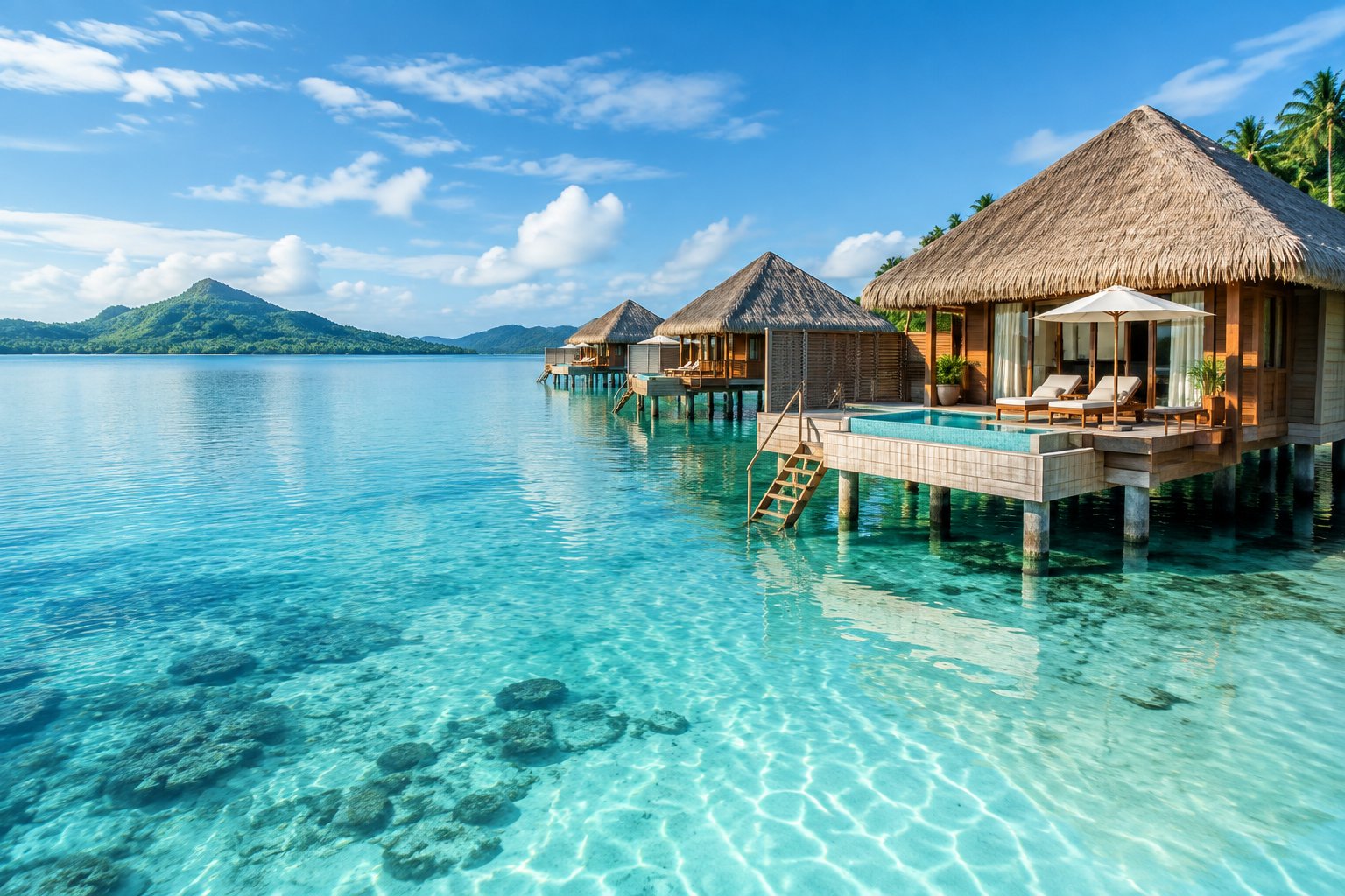 Luxury overwater bungalows extend across a clear turquoise tropical lagoon surrounded by lush greenery.