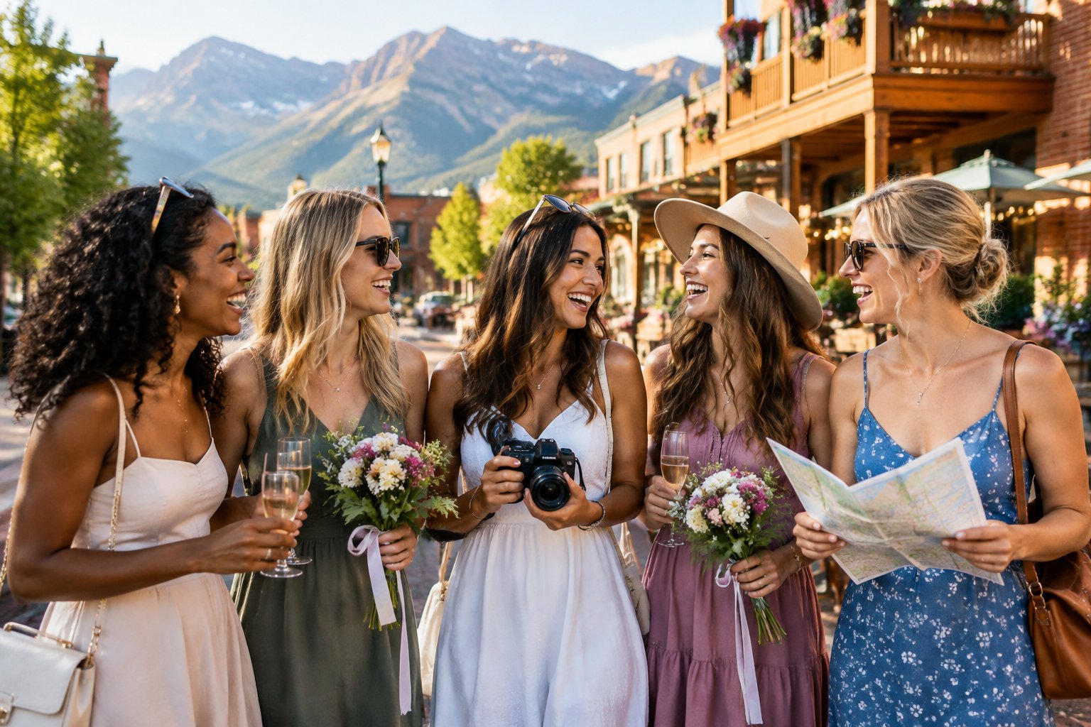 A group of friends celebrates outdoors in a historic Sheridan, Wyoming, setting with mountains in the background.
