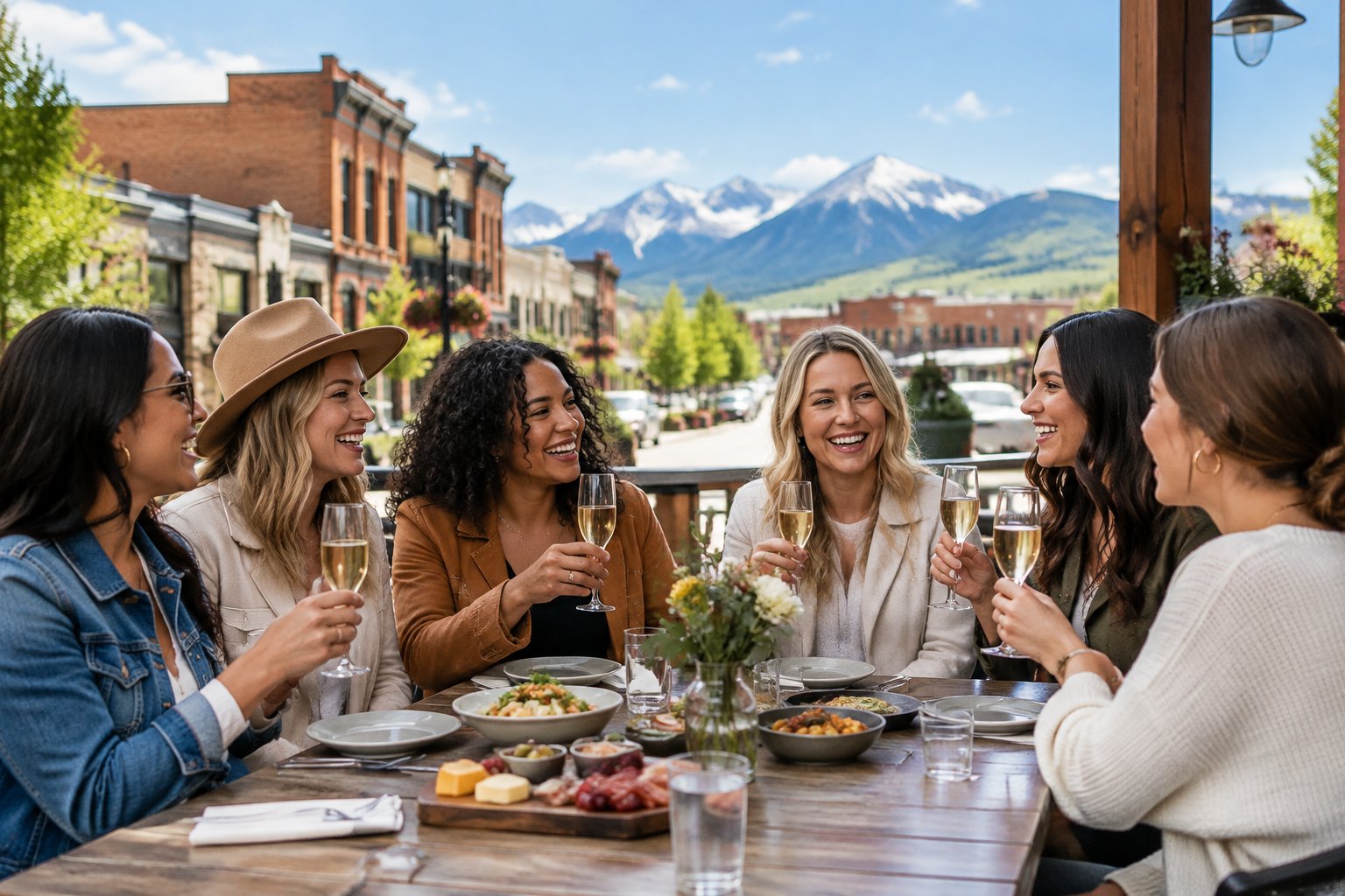 A group of friends enjoys drinks and conversation on a patio with Sheridan’s historic buildings and mountain scenery in the background.