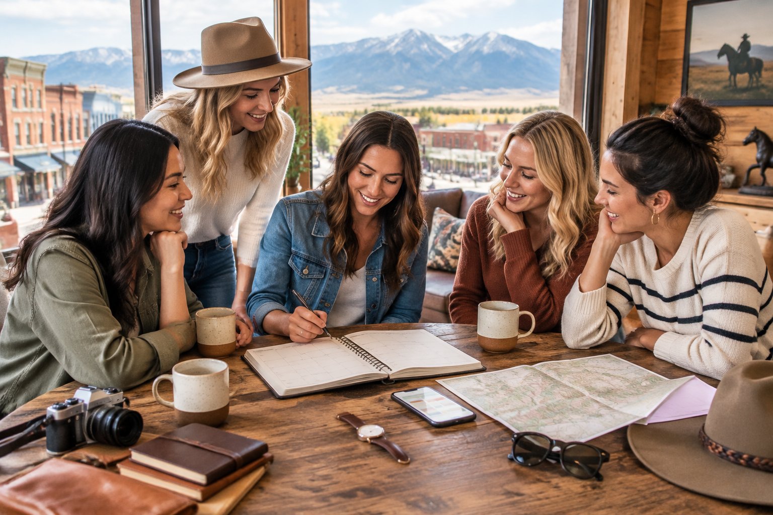 Friends plan a Sheridan getaway around a table with a calendar, map, and travel items, with mountain scenery outside.