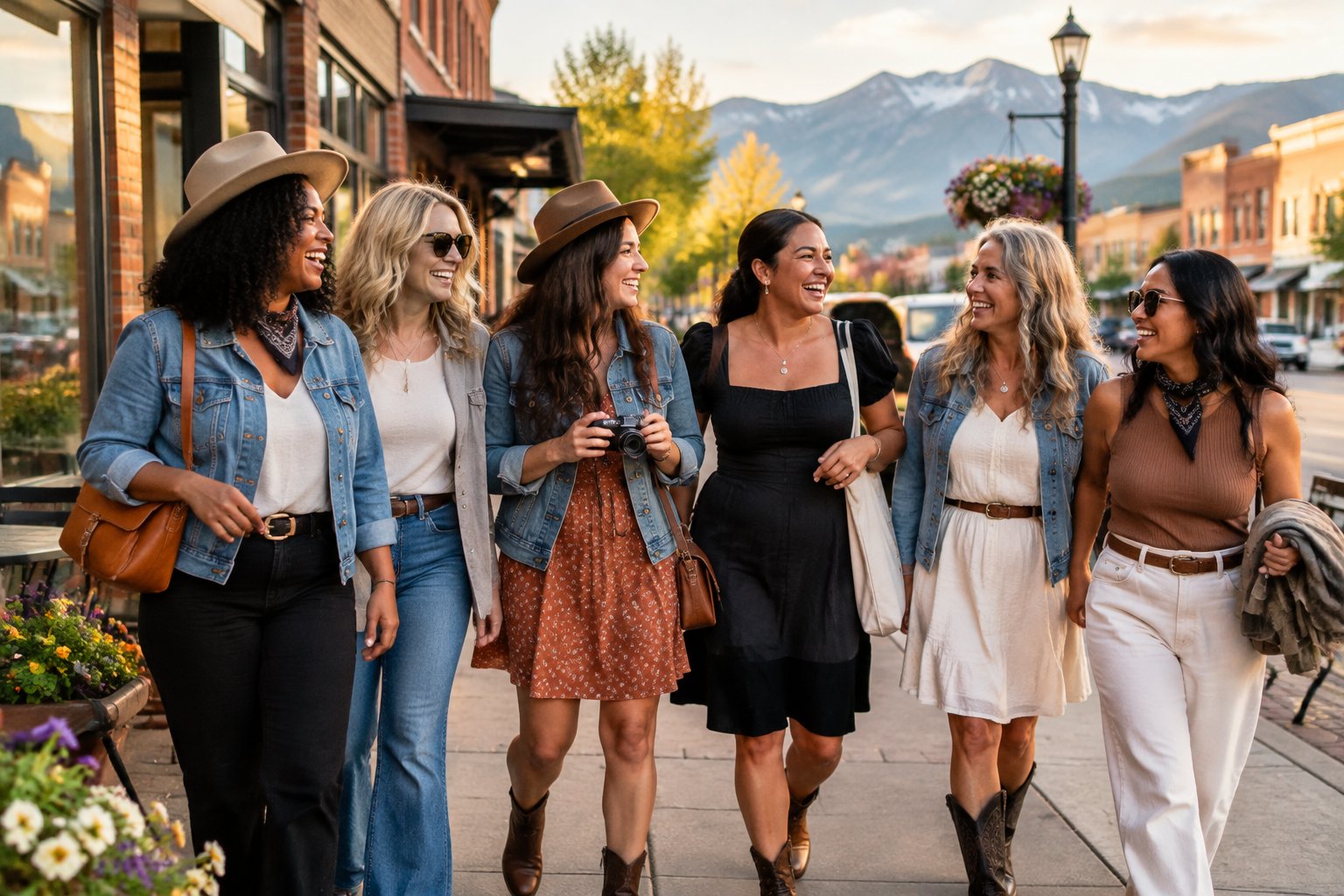 A group of women enjoys a bachelorette getaway in historic downtown Sheridan with mountain scenery in the background.
