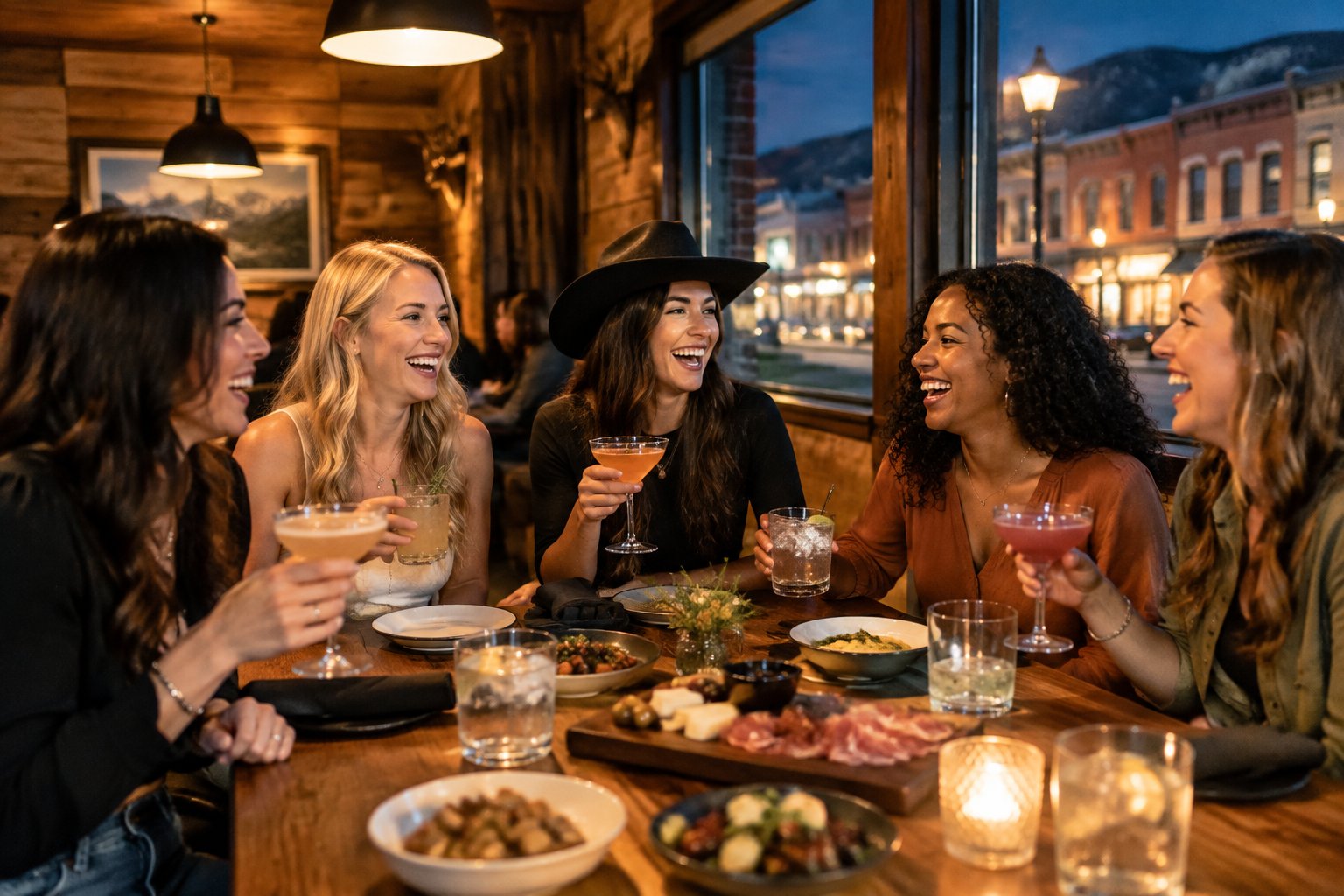 A group of women enjoying dinner and cocktails together at a lively Sheridan restaurant.