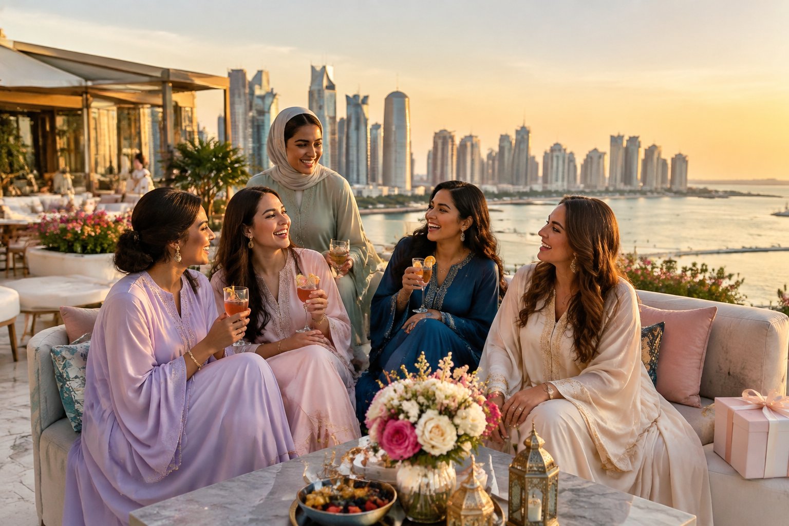 A group of women celebrating together at a luxury rooftop venue overlooking Doha's skyline.