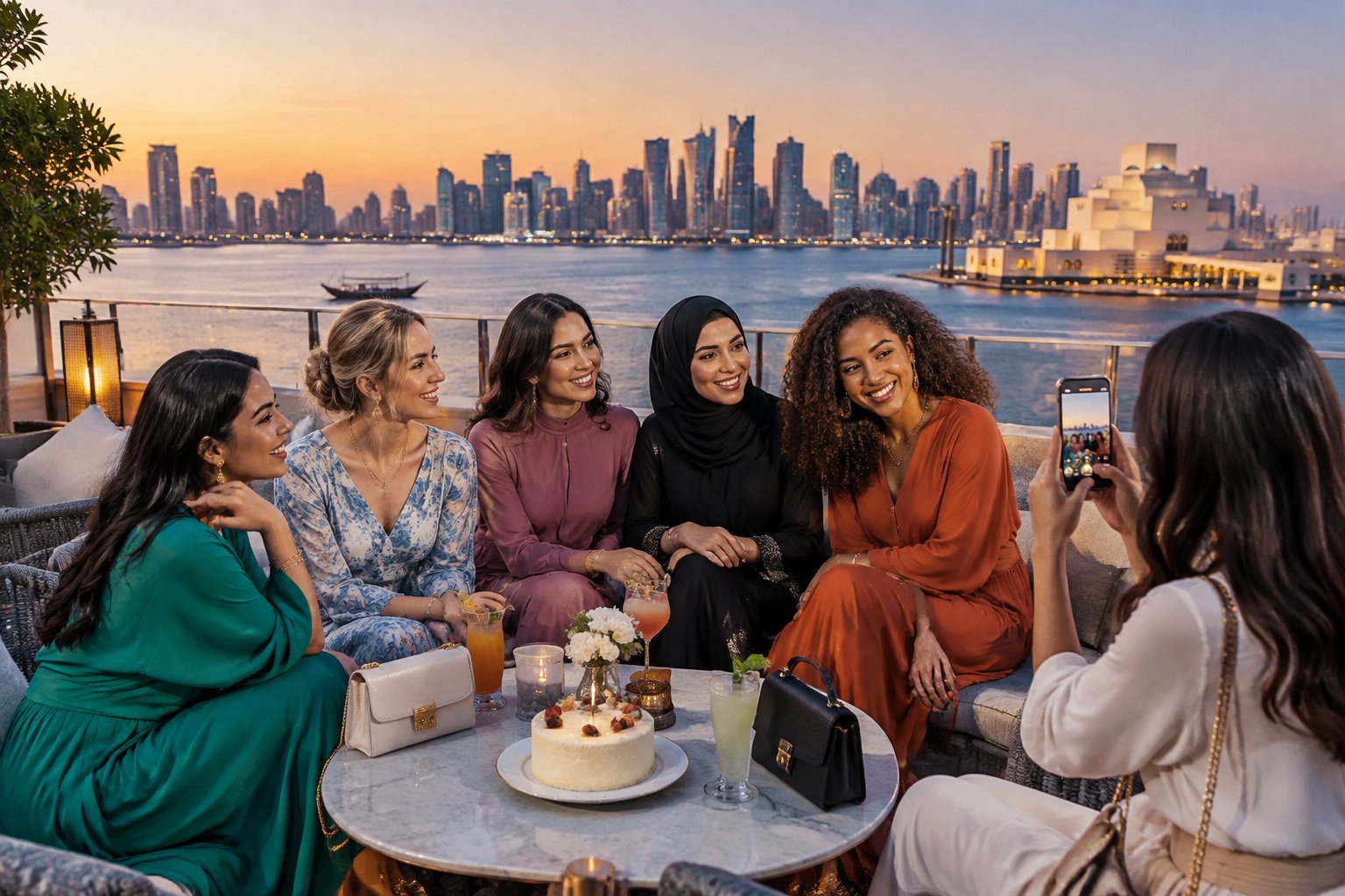 A group of women friends celebrating together at a Doha rooftop lounge with the city skyline in the background.