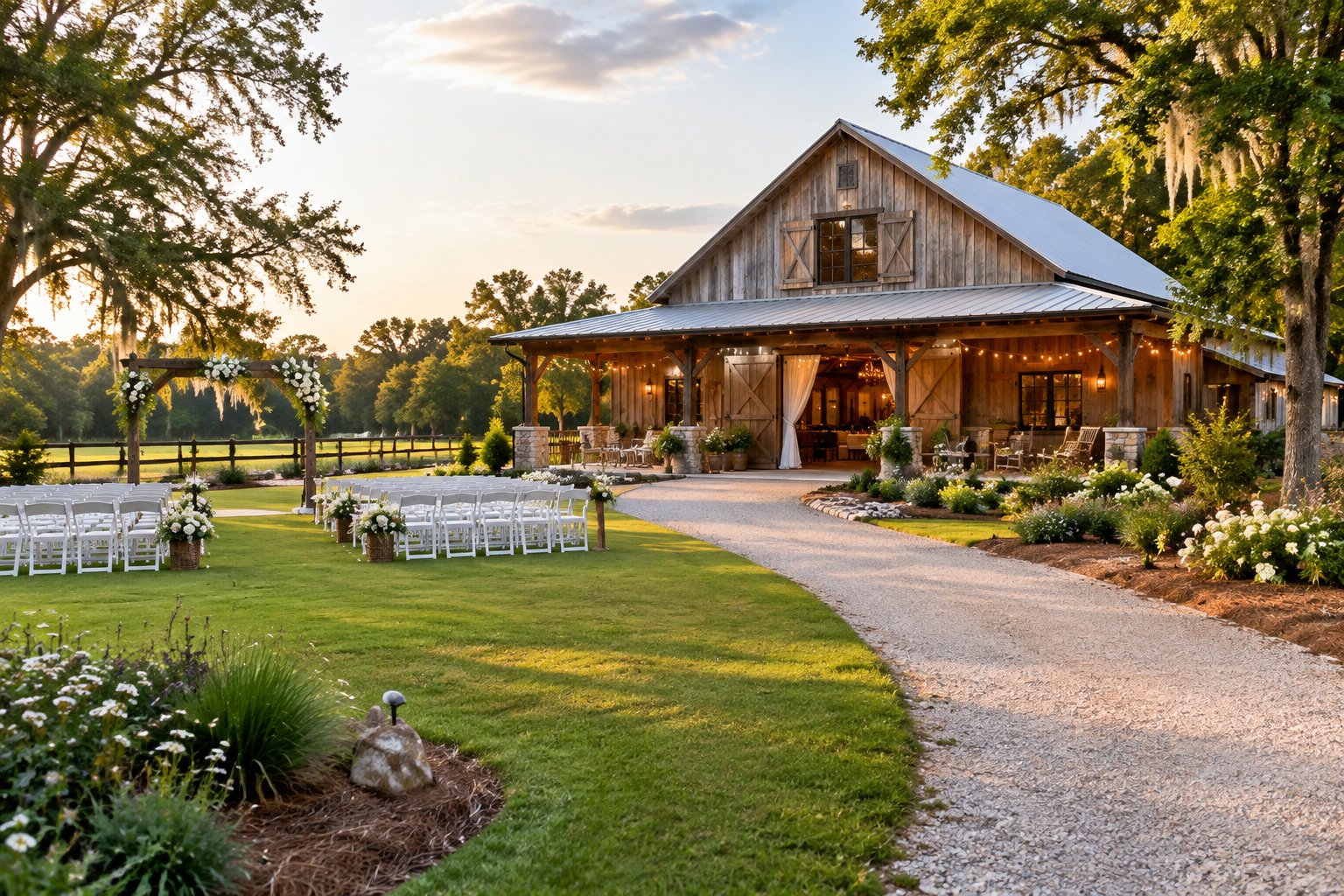 A restored rustic barn wedding venue with string lights, white chairs, and a floral ceremony arbor surrounded by green countryside.