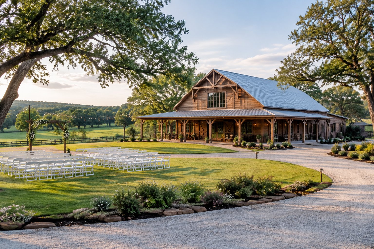 A rustic wedding barn surrounded by green lawns, mature trees, and rolling countryside.