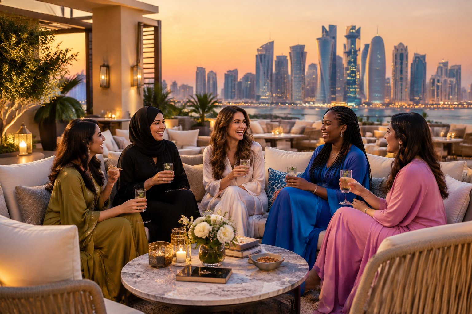 A group of women friends relaxing together on a luxury hotel rooftop terrace overlooking Doha.