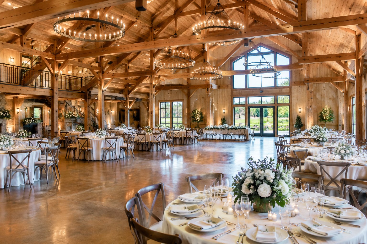 A spacious rustic wedding barn arranged with round tables, chairs, floral centerpieces, and warm lighting.