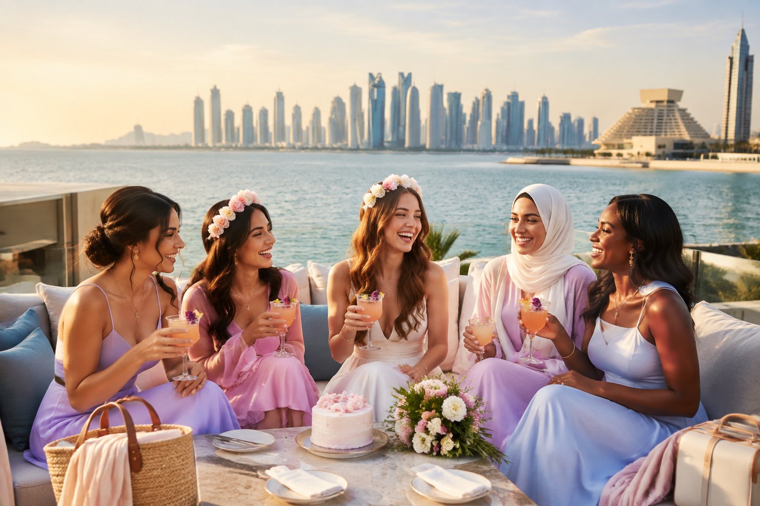 A group of friends celebrating a bachelorette weekend on a luxury waterfront terrace in Doha.