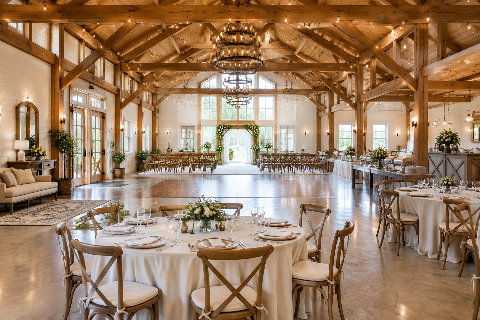 A decorated rustic barn wedding venue with reception tables, ceremony seating, floral arrangements, and a dance floor.