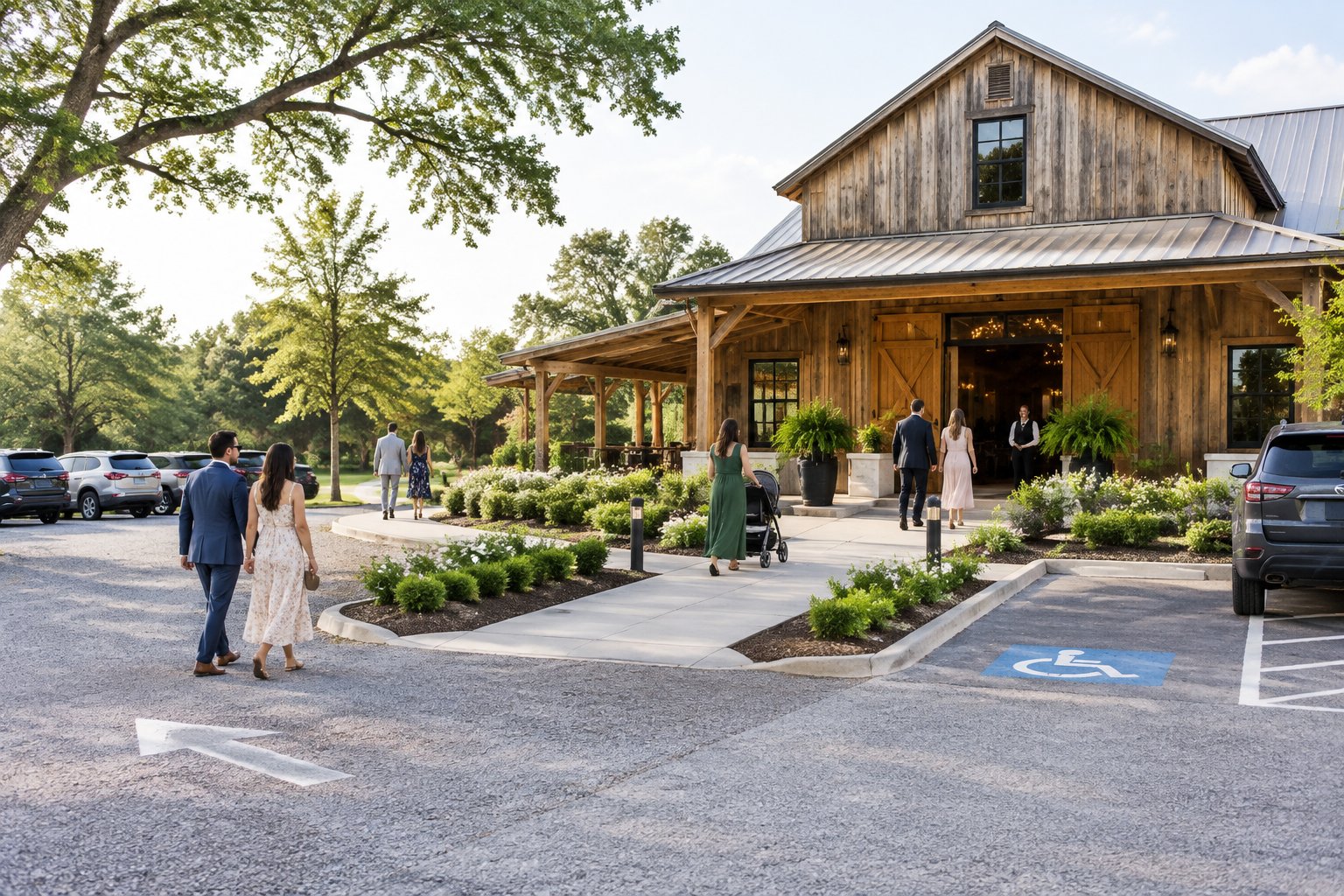 Wedding guests arrive at a rustic barn venue beside an organized parking area and accessible walkway.