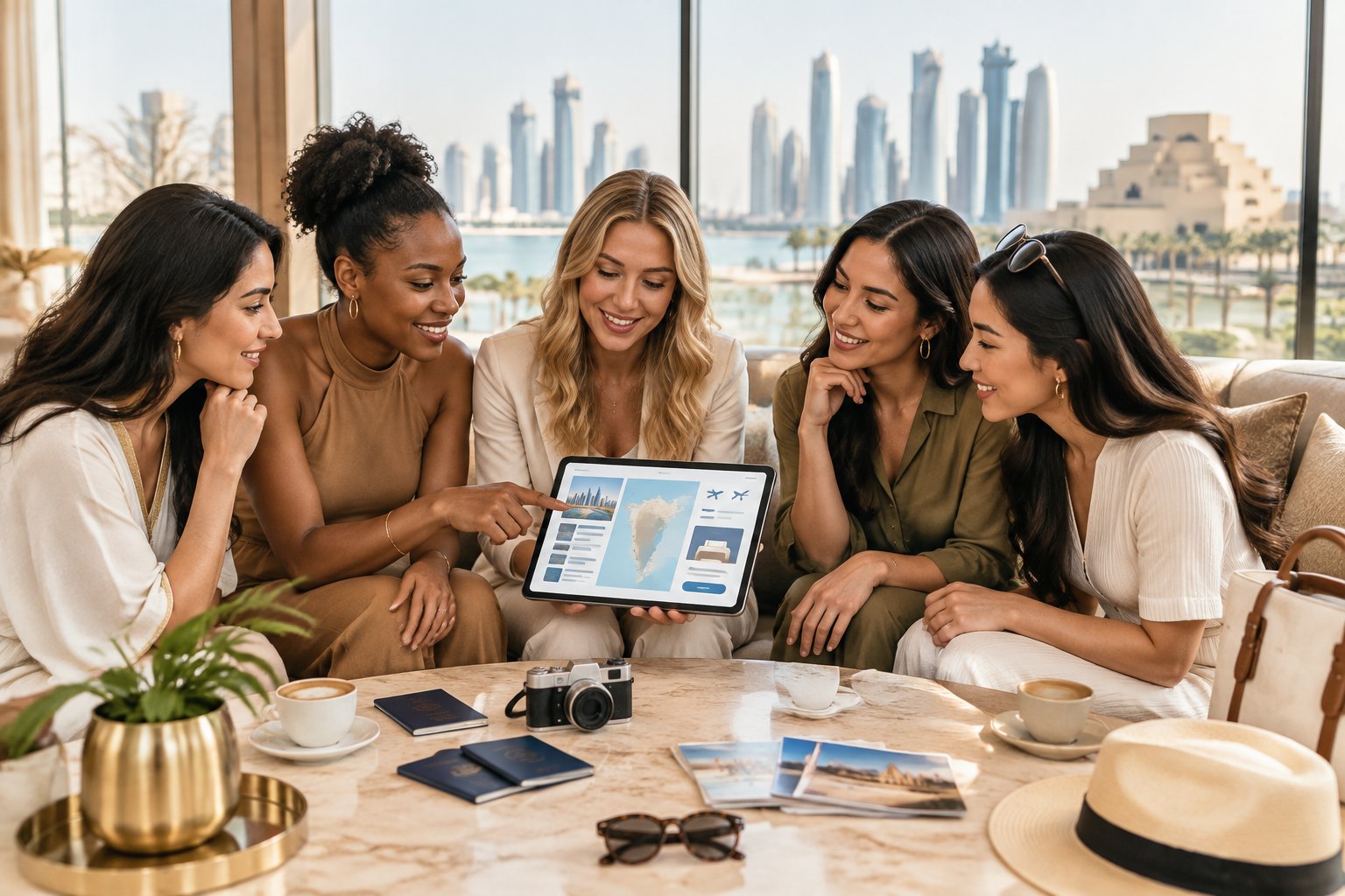 A group of women friends planning a Qatar getaway together in a bright hotel lounge.