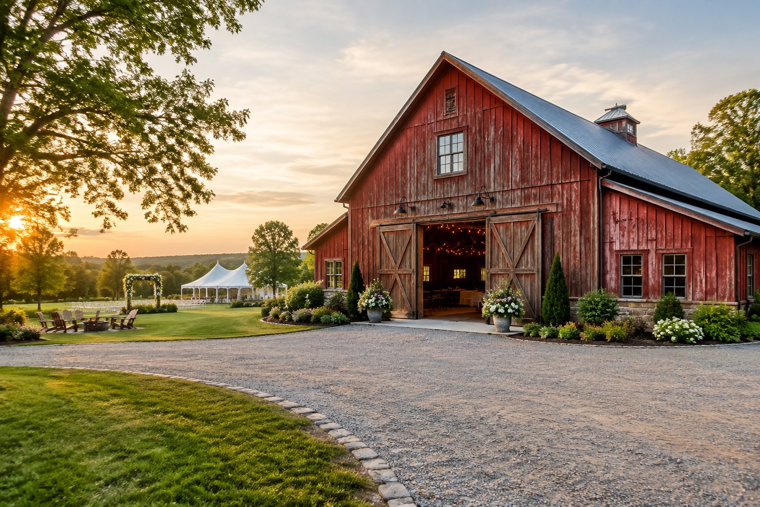A rustic barn beside a landscaped countryside wedding venue.