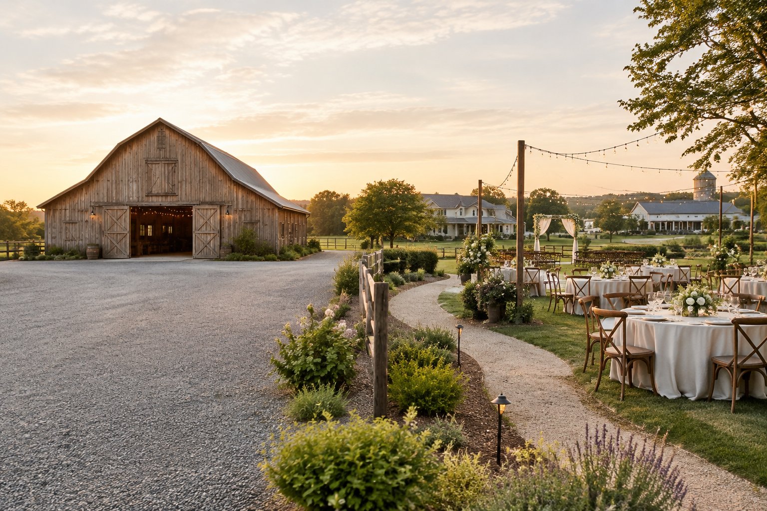 A rustic barn and an elegant wedding-ready reception area in a scenic countryside setting.