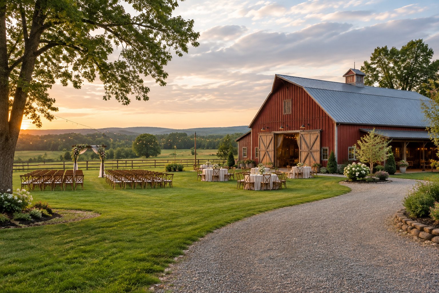 A rustic barn beside a meadow with outdoor wedding chairs, floral decor, and reception tables.