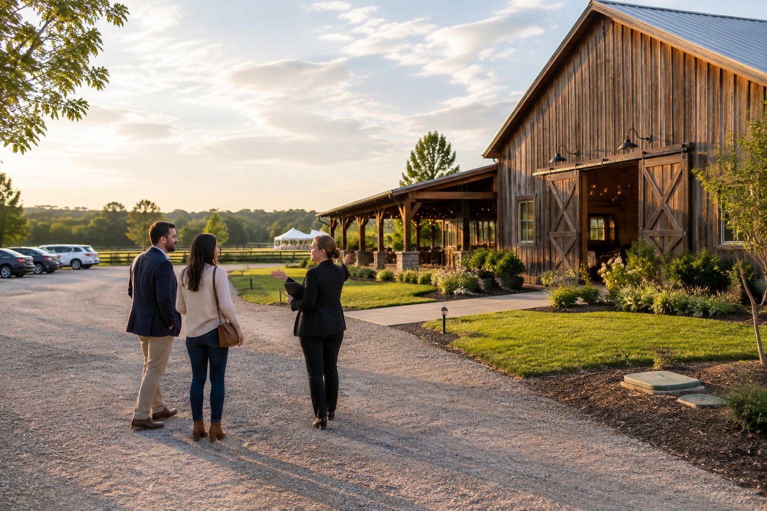 A couple and a property manager inspect a rustic barn and its surrounding grounds near a wedding venue.
