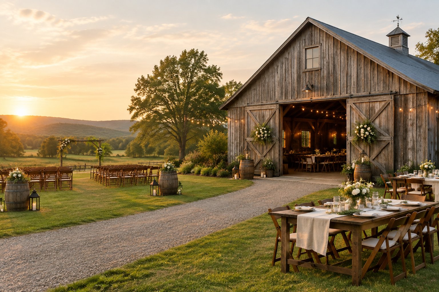 A rustic wedding barn with open doors, outdoor seating, string lights, and floral decorations in a green countryside setting.