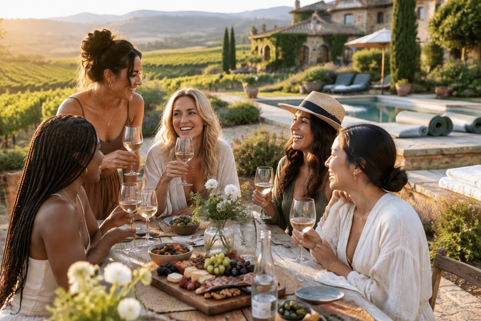 Friends relax together at a vineyard retreat beside a luxury countryside home.