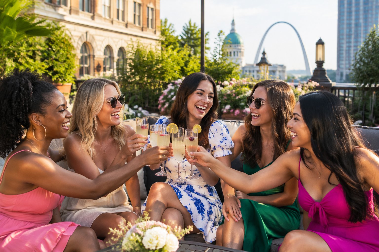 A group of women celebrating together on an elegant outdoor patio with St. Louis landmarks in the background.