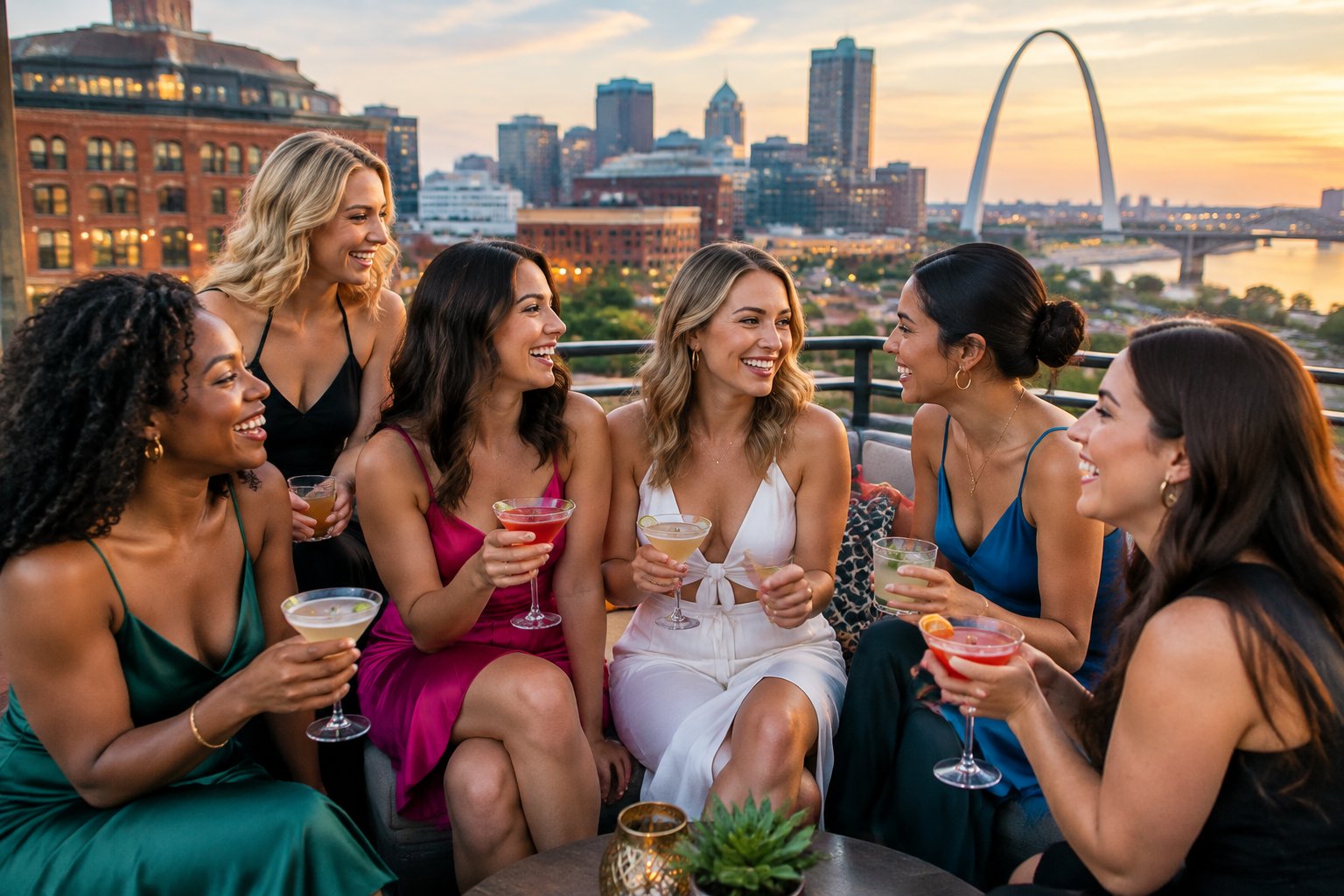 A group of friends celebrating together on a rooftop with the St. Louis skyline and Gateway Arch in the background.