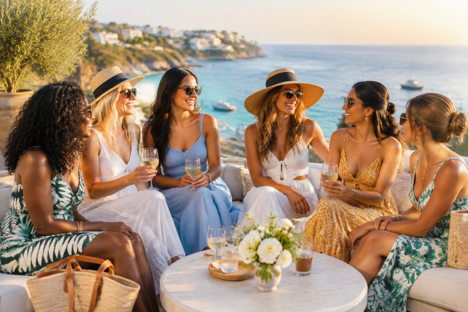 A group of friends relaxing together on a sunny coastal vacation terrace.