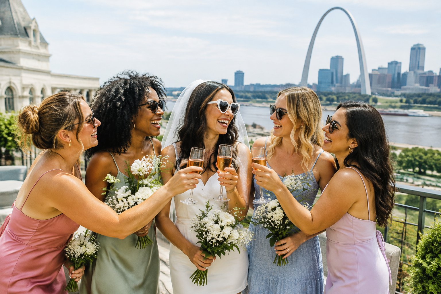 A group of women celebrating together at an elegant St. Louis outdoor venue with the Gateway Arch in the background.