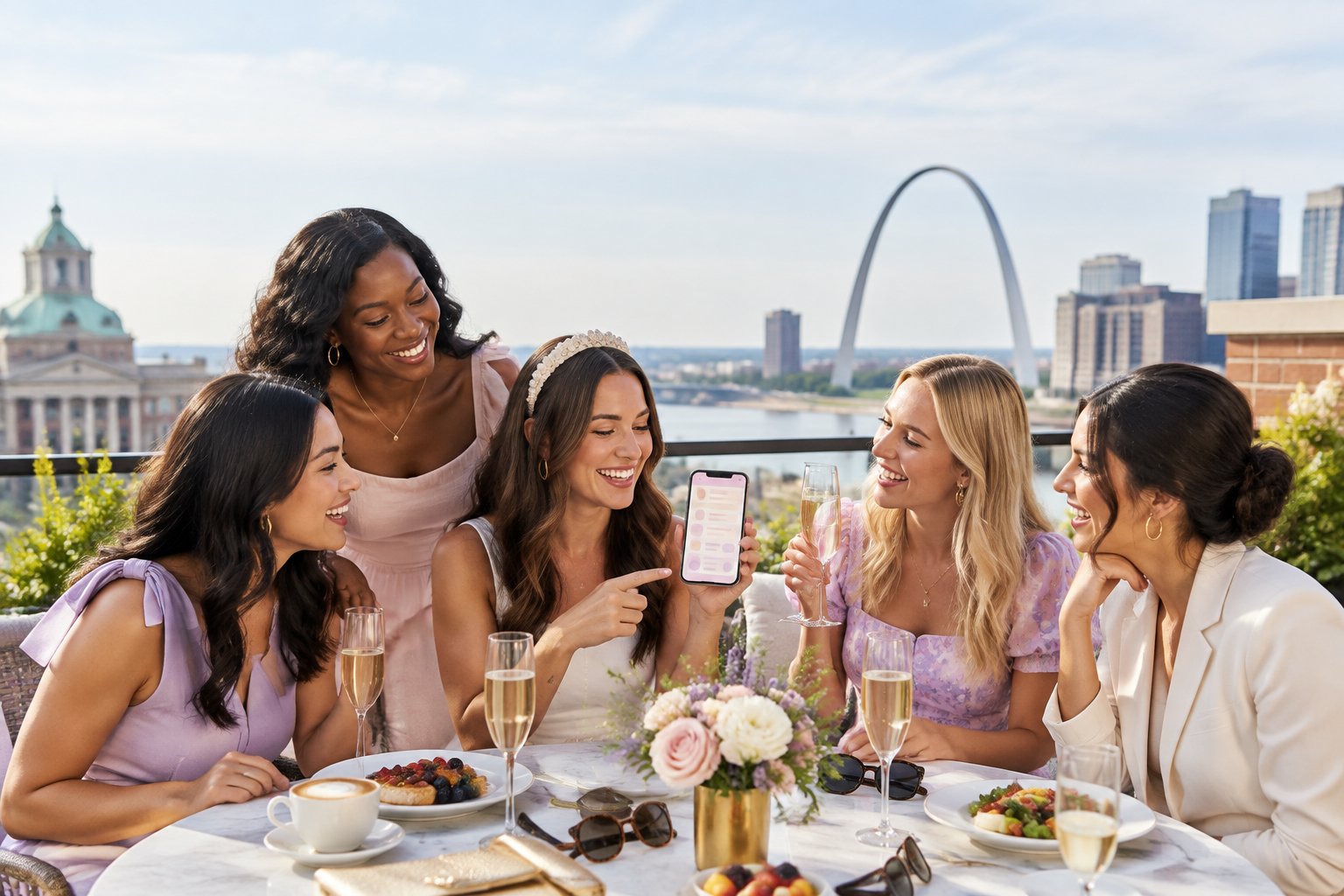 A group of friends planning a bachelorette weekend on a rooftop terrace with the St. Louis Gateway Arch in the background.