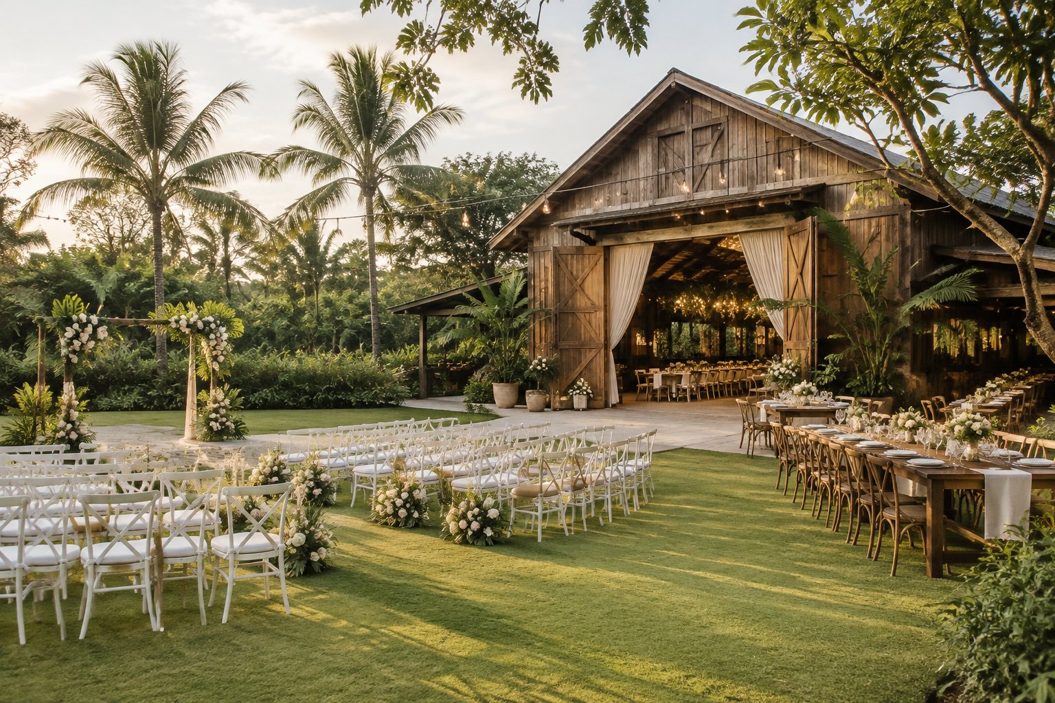 A rustic barn wedding venue surrounded by tropical greenery, with white ceremony chairs, floral decorations, and warmly lit reception tables.