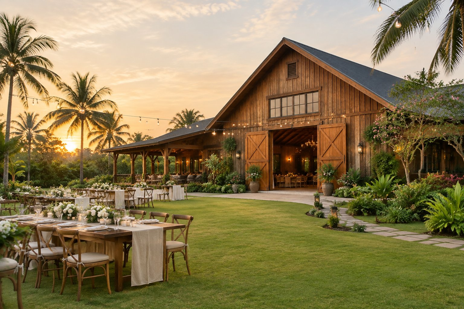 A rustic timber barn wedding venue surrounded by tropical greenery, with an outdoor reception area in the foreground.