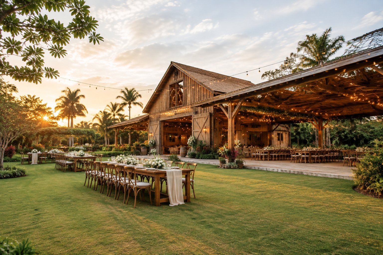 A rustic wooden barn wedding venue surrounded by greenery, decorated for an elegant outdoor reception.