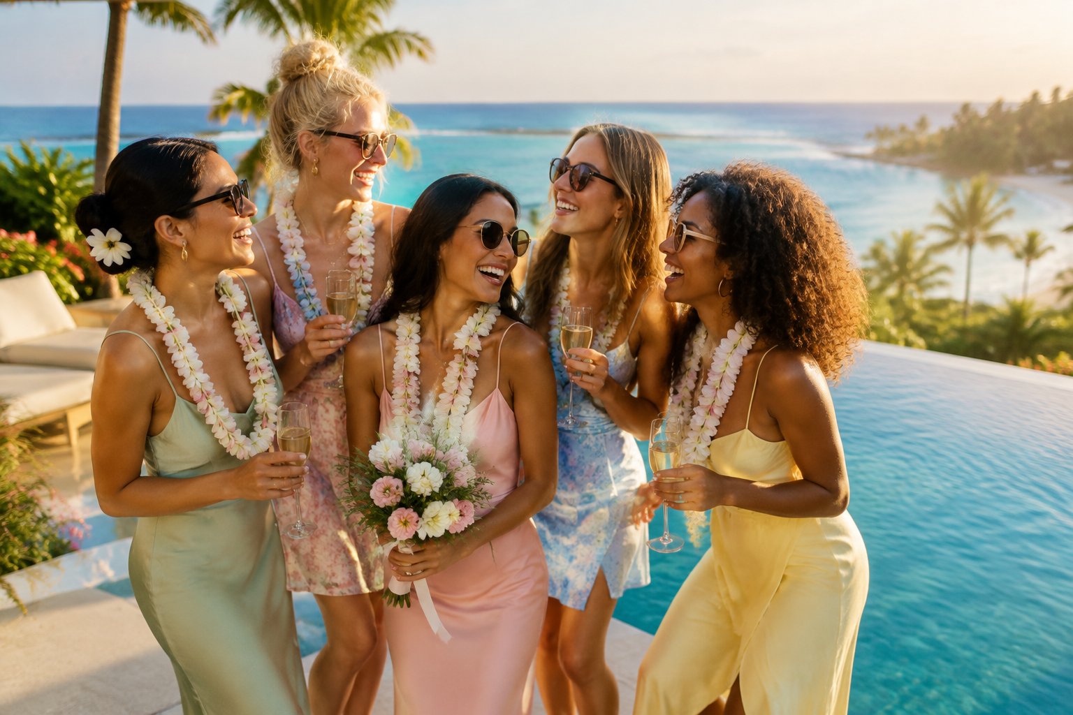A group of women celebrating together beside an infinity pool at a tropical seaside resort.