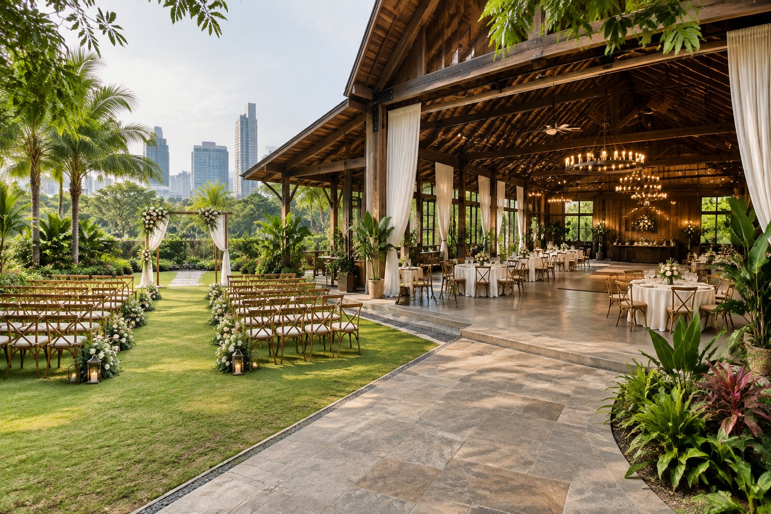 A rustic-modern barn wedding venue in Jakarta arranged with ceremony chairs, a floral arch, reception tables, and an open area for guests.