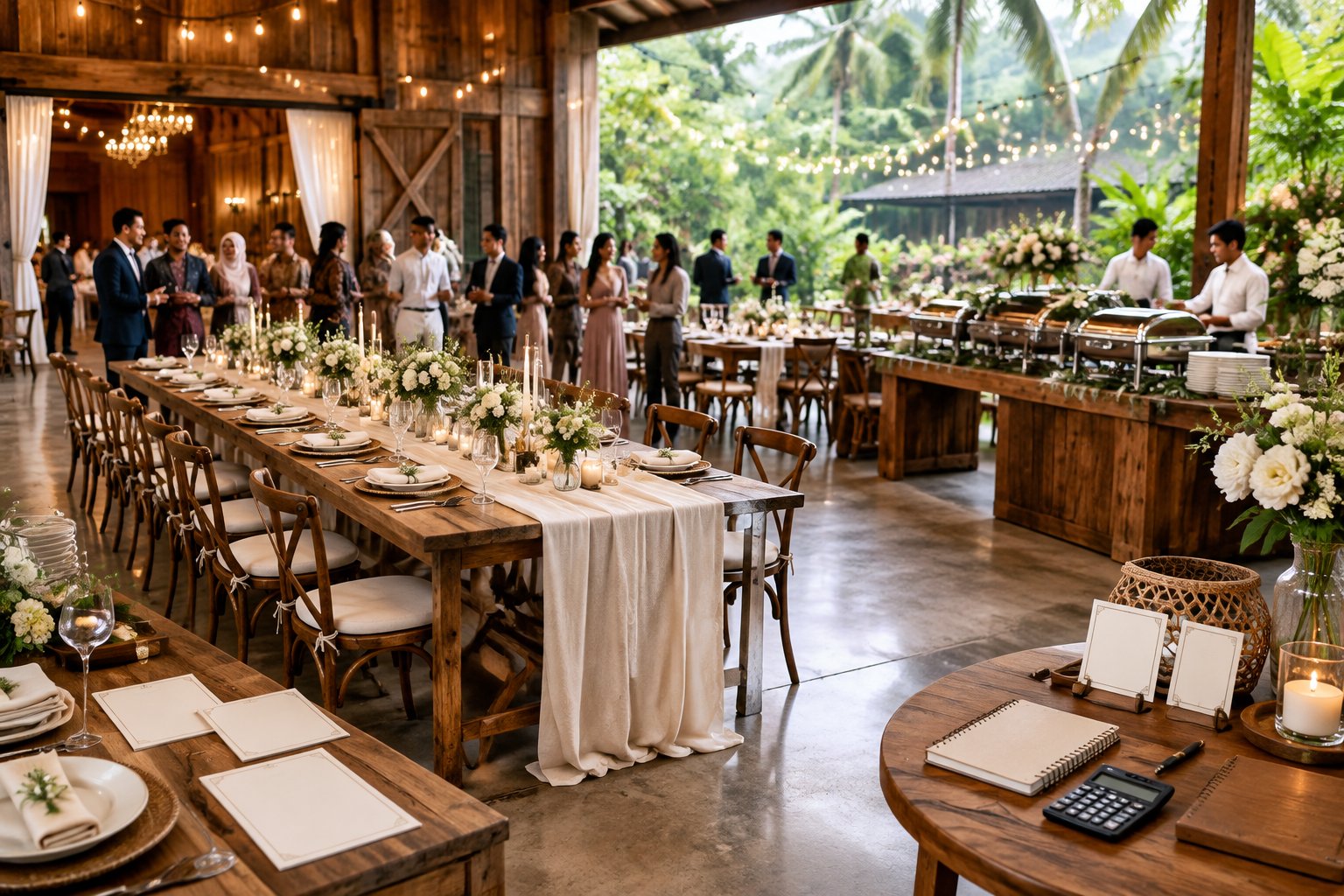 A rustic barn wedding reception with decorated tables, tropical greenery, and guests gathering.