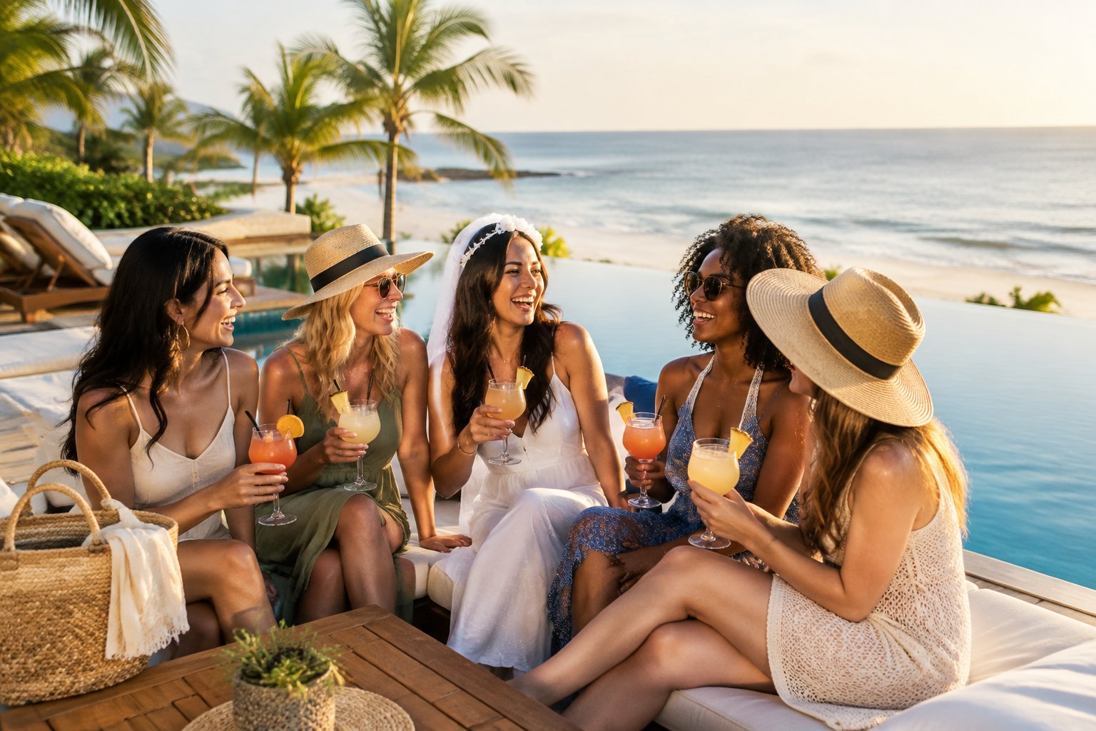 A group of friends celebrates a bachelorette vacation beside a tropical resort pool overlooking the ocean.