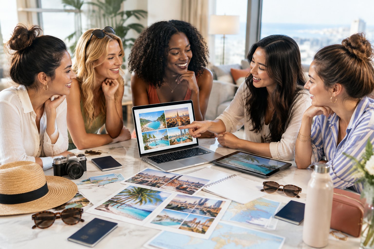 A group of friends compares vacation ideas around a table with maps, devices, and travel accessories.