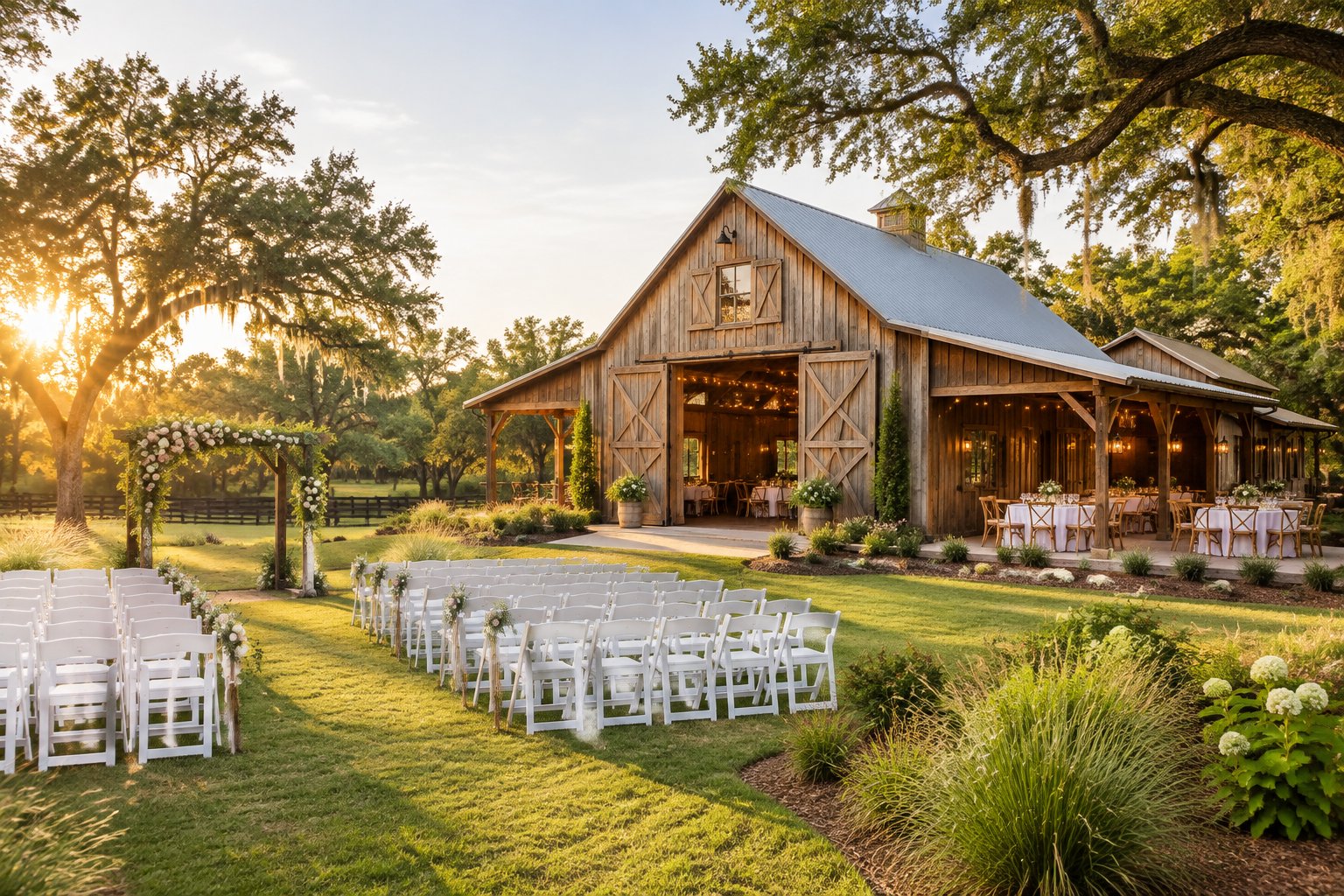 Rustic barn wedding venue with an outdoor ceremony setup surrounded by trees and greenery.