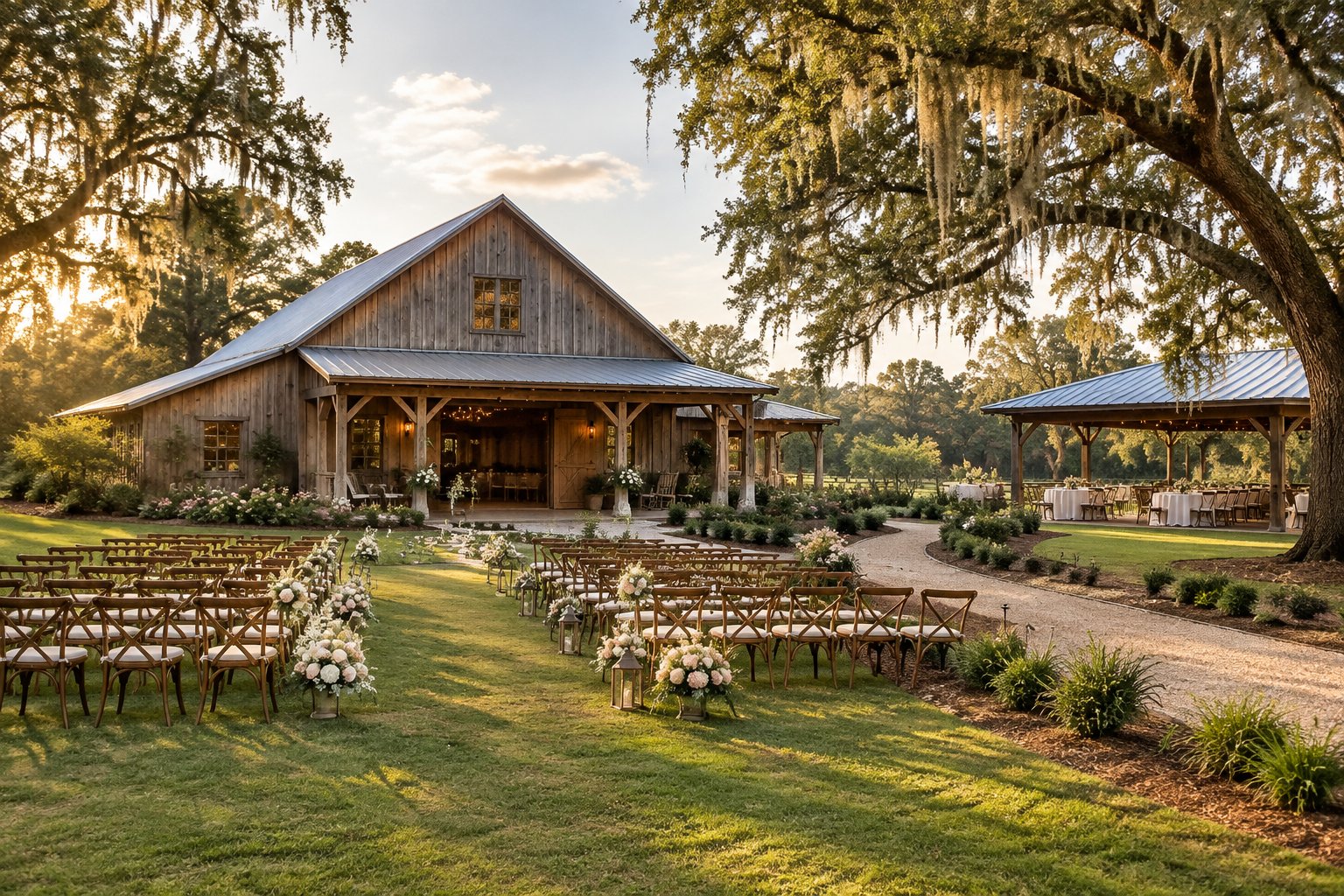 A rustic barn wedding venue with outdoor ceremony seating, oak trees, and landscaped grounds.