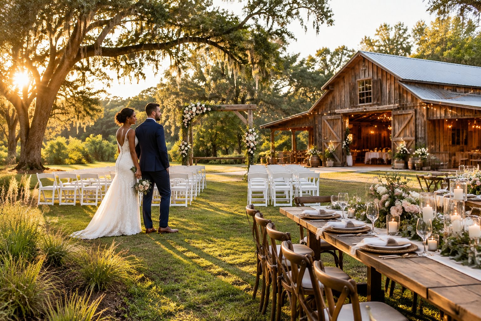 A couple admires an elegant outdoor wedding setup beside a rustic barn surrounded by greenery.