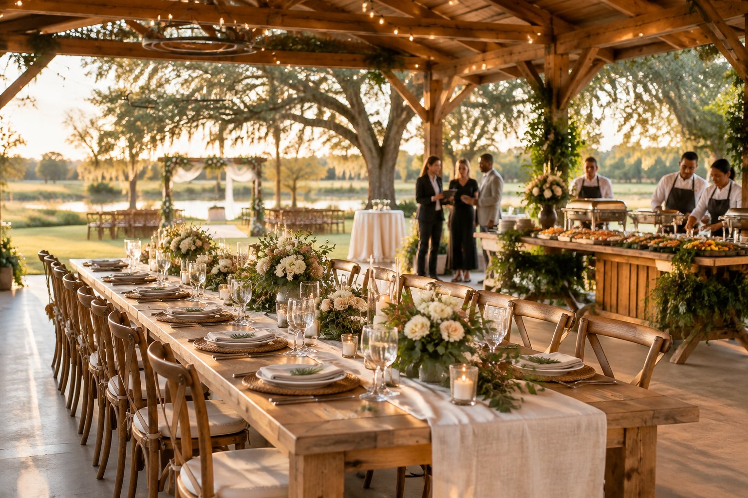 Rustic barn wedding reception with catered tables and planners coordinating details in a sunny countryside setting.