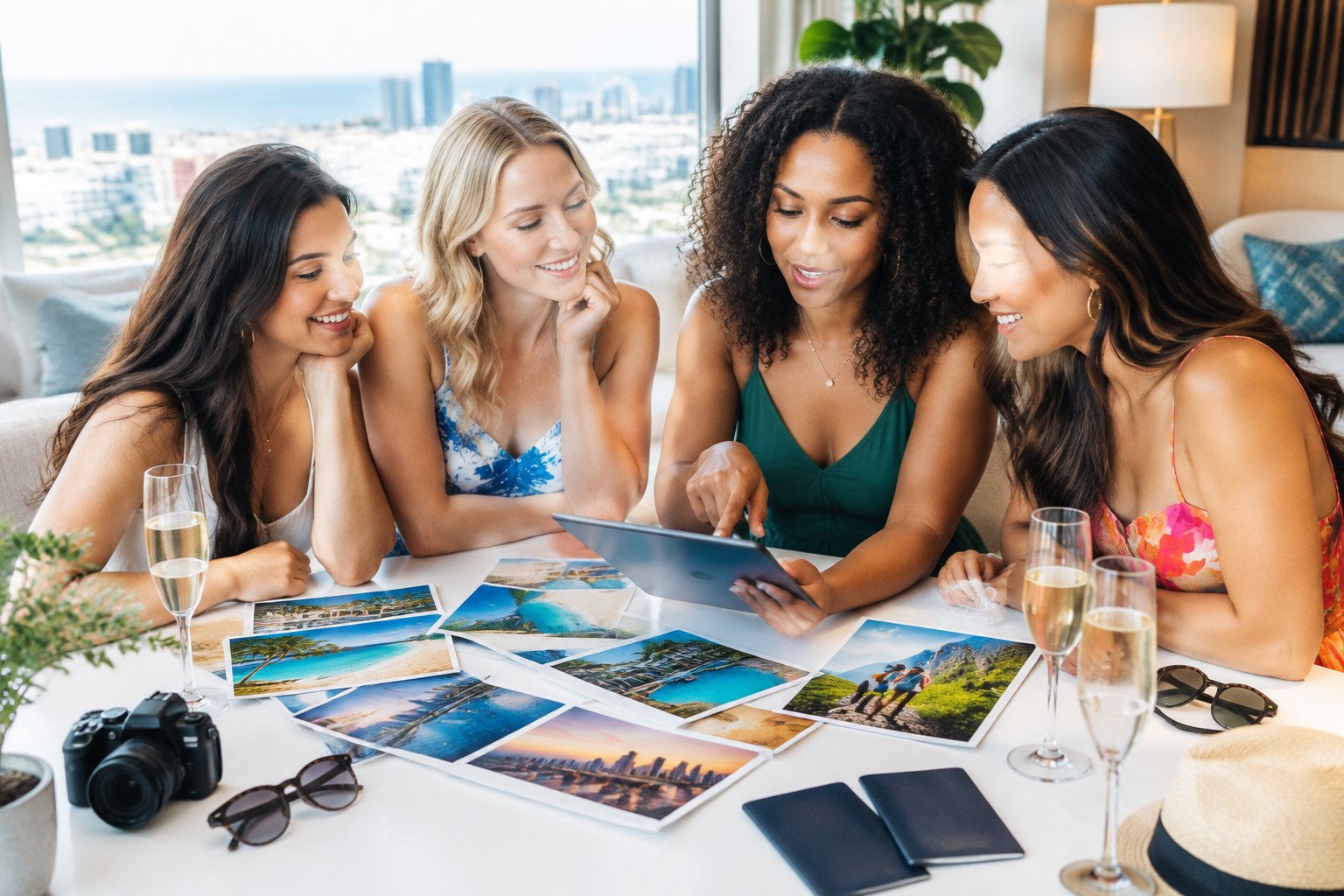 A group of friends compares vacation destination ideas around a table.