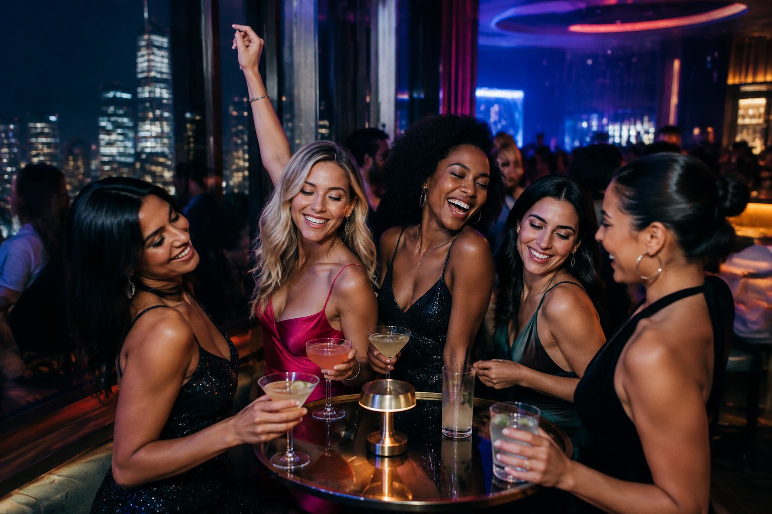 A group of women celebrating together at a lively upscale nightclub.